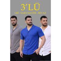 Erkek Waffle Dokuma Açık Yakalı Düğmeli Regular Kalıp 3’lü Gömlek Seti - Gri, Saks Mavisi, Beyaz