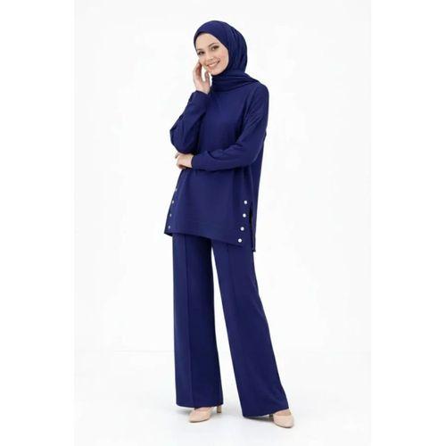Osy Modal Yumuşak Dokulu Kumaş Modern Tesettür Takım Yandan Metal Çıtçıtlı Uzun Tunik Pantolon Set Salaş Kalıp - Lacivert