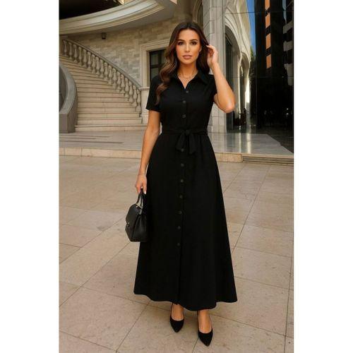 Kadın Kısa Kollu Yakalı önden Düğmeli Beli Kuşaklı Ithal Keten Elbise