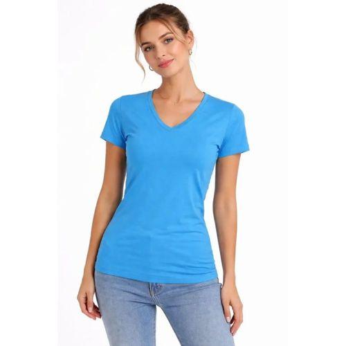 T-Shirt V Yaka Slim Fit Likralı Tişört Günlük Basic Body - Açık Mavi