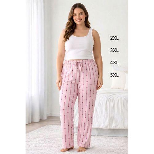 Viskon Pamuklu Kadın Büyük Beden Açık Pembe Desenli Pijama Pantolon - Brf007 -