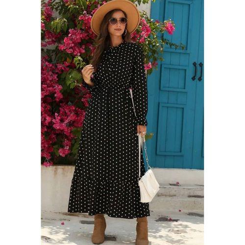 Kadın Uzun Kollu Yakası Bağcıklı Uzun Puantiyeli Krep Maxi Elbise