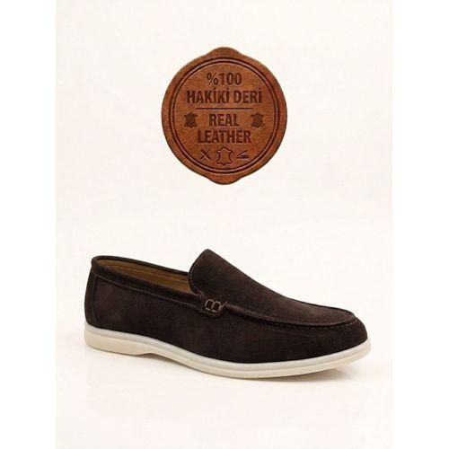 BA0252 %100 İçi Dışı Hakiki Deri Erkek Kahverengi Süet Casual Loafer Termo Taban Ayakkabı