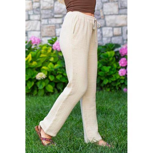 Beli Lastikli Multi Çift Cepli Müslin Kadın/Erkek Unisex Yazlık Pantolon Vizon Vzn