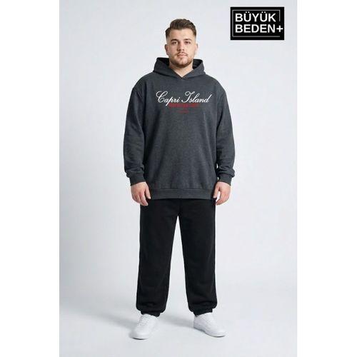 Erkek Büyük Beden İnce Kapşonlu Capri Island Baskılı ince Swatshırt SPR26BSW957-14