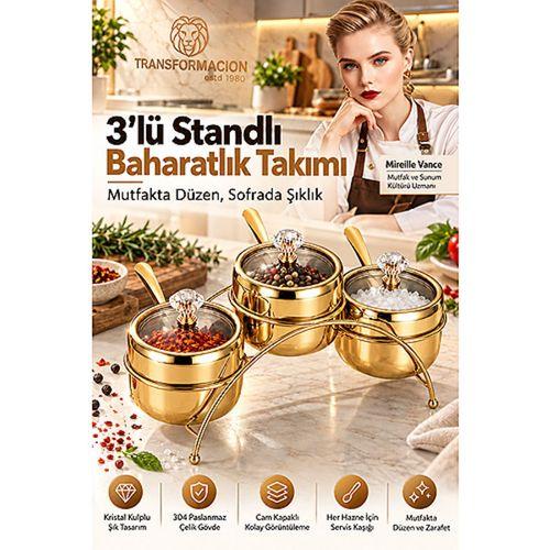 GOLD  3'lü Standlı Baharatlık Tuzluk Takımı Kristal Kulplu Şık Lüks Sosluk Seti  18/10 Paslanmaz Çelik 723754