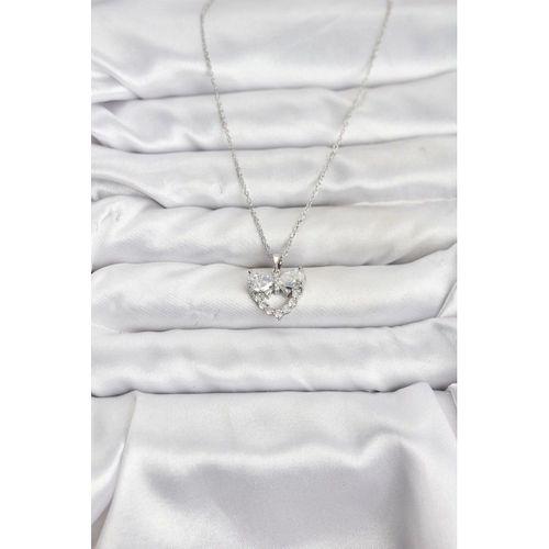 316L Çelik Zincir Gümüş Renk Kalp ve Fiyonk Model Zirkon Taşlı Kadın Kolye