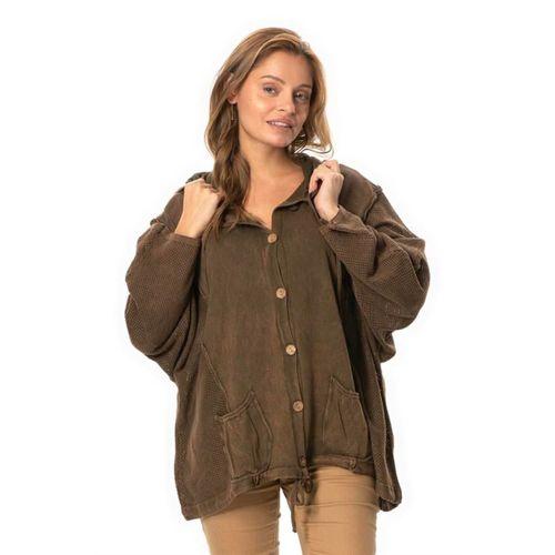 Uzun Kol Ceren Fileli Düğme Detaylı Çift Cepli Kışlık Kapüşonlu Triko Bluz Kahve Khv