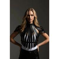 Siyah Kadın Kemer Şerit Detaylı Yüksek Yaka Zımbalı - Brf1257