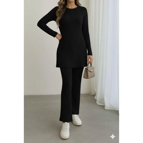 Kadın Uzun Kollu Yuvarlak Yaka Yandan Yırtmaç Detaylı şardonlu Kaşkorse Bluz Ve Pantolon Ikili Takım