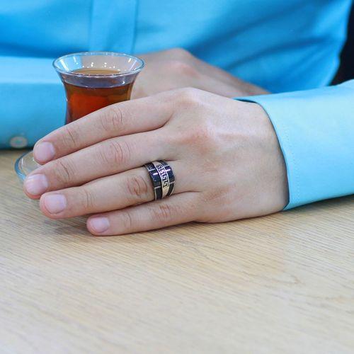 Siyah Oniks Taşlı Grek Zincir Detaylı 925 Ayar Gümüş Menderes Yüzüğü