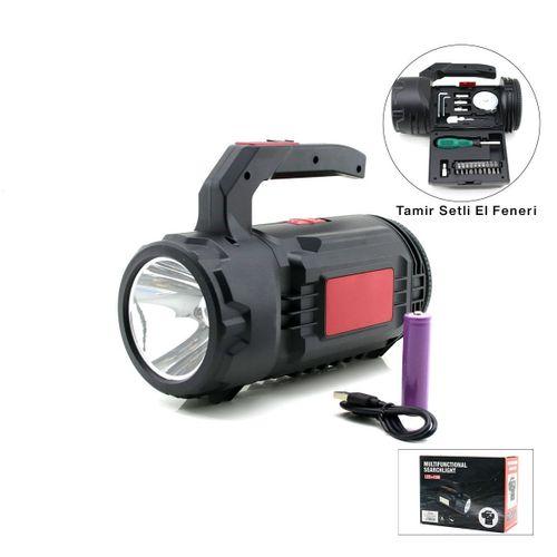 2in1 LED+COB Şarjlı El Feneri ve Projektör - USB/Type-C/Pil, 19 Parça Tamir Seti