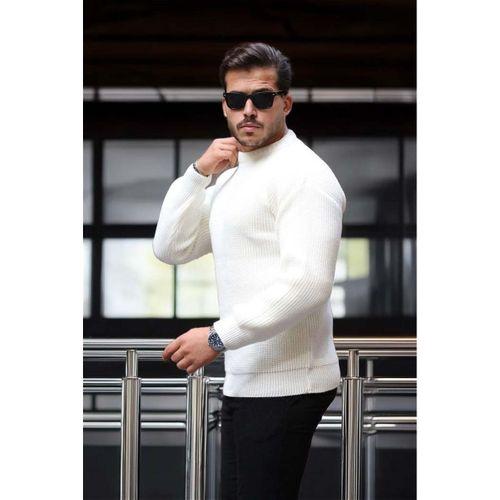 Oversize Selanik Örgülü Bisiklet Yaka Erkek Triko Kazak - Ekru