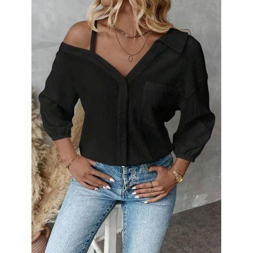 Kadın Tek Omuzdan Açık Askılı Uzun Kollu Yakalı önden Düğmeli Gömlek