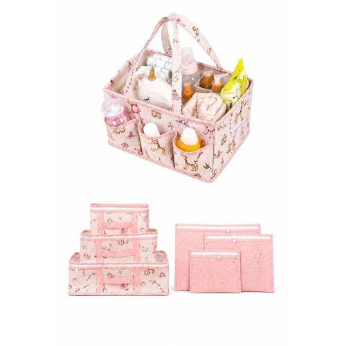 7'li Yenidoğan Hastane Çıkış Organizer Set - Bölmeli Bebek Bakım Çantası - 6 Parça Valiz İçi Düzenleyici (Pembe)