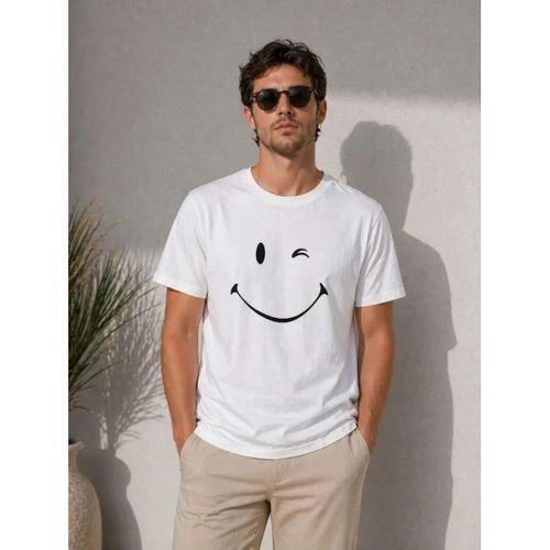 Erkek Minimal Gülümseyen Yüz Baskılı Tişört Kısa Kol Yazlık T-Shirt - Beyaz