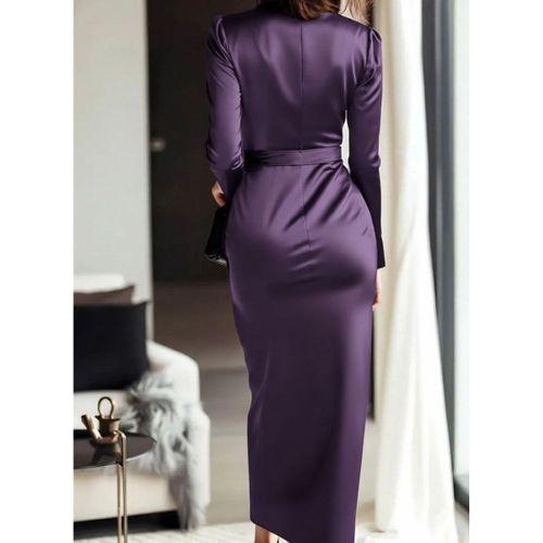 Kadın Uzun Kollu Kruvaze Yakalı Beli Kuşaklı Uzun Saten Elbise