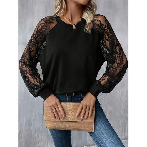 Kadın Uzun Dantel Kollu Bisiklet Yaka Viskon Bluz