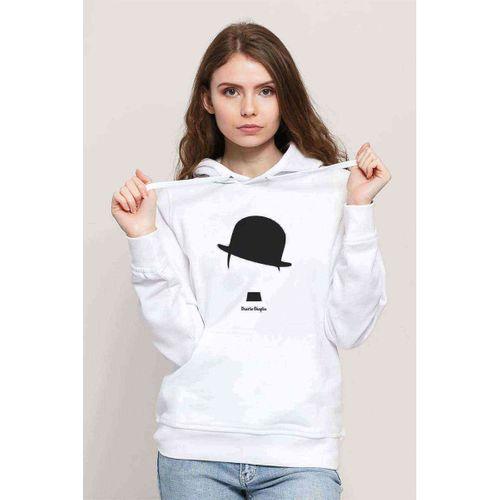 Chaplin Comic Charlıe Chaplın Baskılı Beyaz Kadın Kapşonlu Sweatshirt