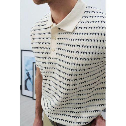 Nordic Desenli Örme Kumaş Viskon Erkek T-Shirt - Ekru