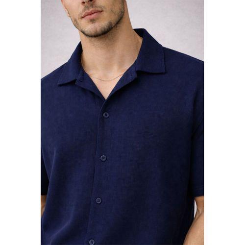 Yarım Oversize Apaş Yaka Kısa Kol Müslin Kumaş Erkek Gömlek - Lacivert