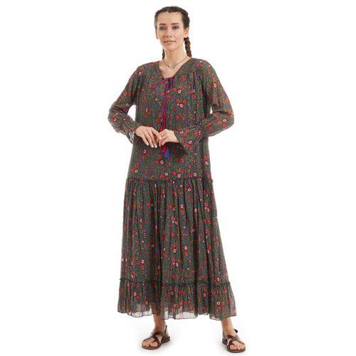 Şile Bezi Yeşil Uzun Kol Vual Çiçek Desenli Elbise