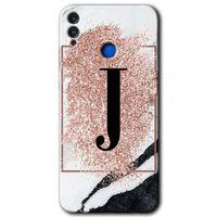 Potkal Hediye Fabrikası Honor 8x Kılıf HD Desen Baskılı Arka Kapak - Pembe Mermer Desenli J Harfi