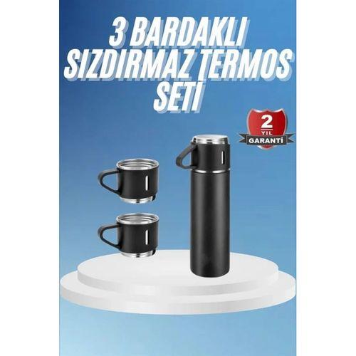 Termos Paslanmaz Çelik Termos Siyah Renk 3 Bardaklı Termos Seti