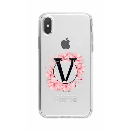iPhone Xs Max Pembe Çiçek Desen V Harfli Şeffaf Kılıf