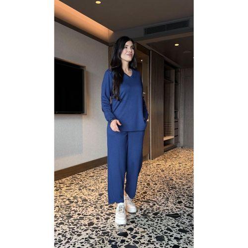 Kadın V Yaka Bluz Ve Pantolon Ikili Takım