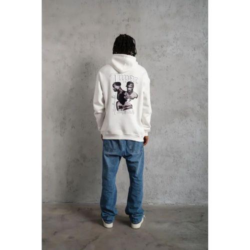 Erkek Kol Ve Etek Ribana Baskılı Kapüşonlu Sweat - Beyaz