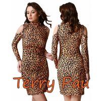 B101193 Leopar Desenli Omuz Açık Elbise