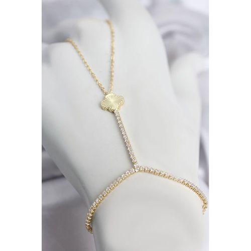 Gold Renk Pirinç Lazerli Yonca Model Zirkon Taşlı Şahmeran