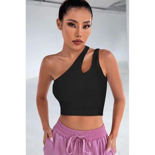 Kadın Siyah Modern Fit Tek Omuz Cut Out Detaylı Crop Top Bluz