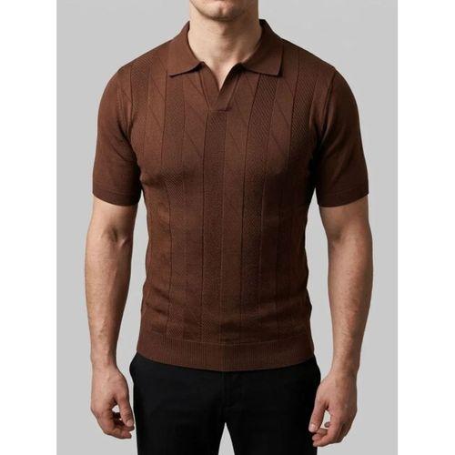 Erkek Yazlık Triko Dokuma Tişört Kısa Kol Polo Yaka T-Shirt - Kahverengi