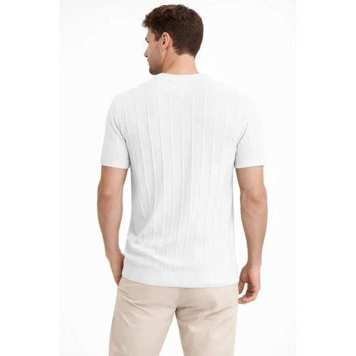 Erkek Yazlık Fitilli Triko Tişört Kısa Kol Bisiklet Yaka T-Shirt - Beyaz