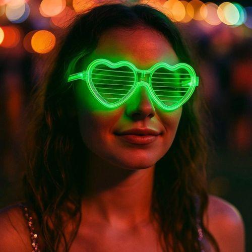 Yeşil LED Işıklı Kalp Gözlük – 3 Modlu Parti &amp;