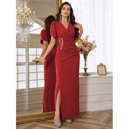 Kadın Kısa Kollu Kruvaze Yakalı Belden çiçek Aksesuarlı Yırtmaçlı Ithal Krep Elbise