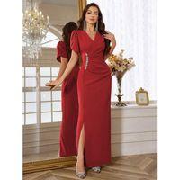 Kadın Kısa Kollu Kruvaze Yakalı Belden çiçek Aksesuarlı Yırtmaçlı Ithal Krep Elbise