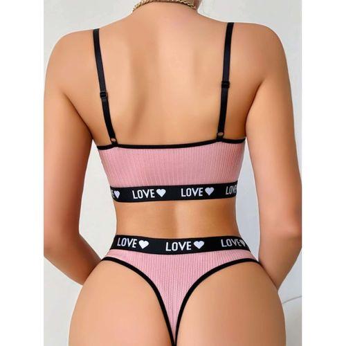 Kadın Pembe Love Yazı Detaylı Zarif Bikini Mayo Takımı Özel Tasarım