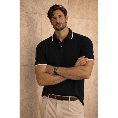 Balzac Yakası Şeritli Düğmeli Polo Yaka Basic Günlük Petek Örgü Triko Erkek T-Shirt - Siyah