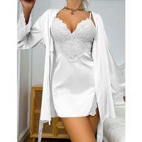 Dantel İşlemeli İnce Askılı Beyaz 2'li Saten Gecelik Sabahlık Takımı