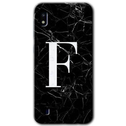 Samsung Galaxy A10 Kılıf Baskılı Kapak - Siyah Mermer Desenli F Harfi + 5D Tam Kaplayan Cam