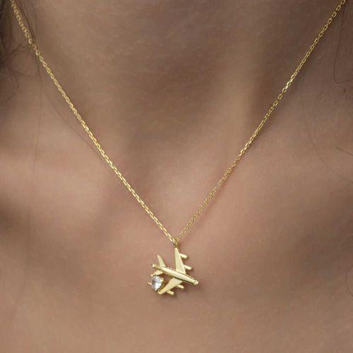 Lucky Life 925 Ayar Gumuss Gold Tek Taşlı Uçak Lucky Life Lucky Life Kadın Kolye