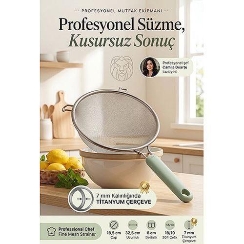 Endüstriyel Titanyum 7 mm Çerçeveli İnce Gözenekli Tel Süzgeç Kevgir Profesyonel Şef Tipi 18/10 304 Paslanmaz Çelik 18.5 cm 723686