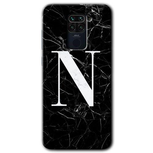 Xiaomi Redmi Note 9 Kılıf HD Desen Baskılı Arka Kapak + Temperli Cam - Siyah Mermer Desenli N Harfi
