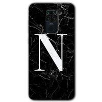 Xiaomi Redmi Note 9 Kılıf HD Desen Baskılı Arka Kapak + Temperli Cam - Siyah Mermer Desenli N Harfi