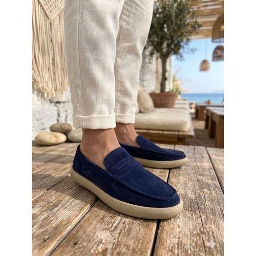BA0251 %100 İçi Dışı Hakiki Deri Erkek Lacivert Süet Casual Loafer Kauçuk Rahat Taban Dikişli Ayakkabı