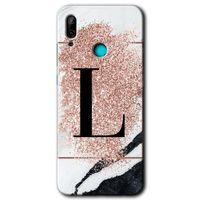 MRCİLETİSİM Huawei P smart 2019 Kılıf HD Desen Baskılı Arka Kapak + Temperli Cam - Pembe Mermer Desenli L Harfi