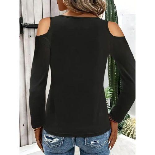 Kadın Omuzlardan Açık Uzun Kollu Yakadan Halka şerit Detaylı Viskon Bluz